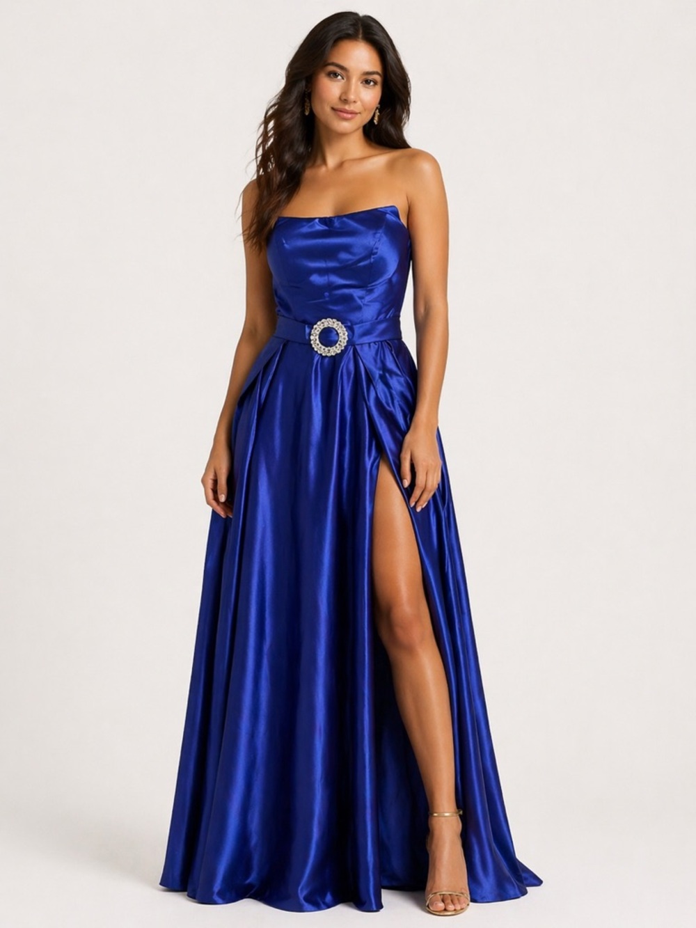 Cobalt Blue Satin Strapless Maxi Gown XS Hidden Zipper Slit Formal Dress Prom